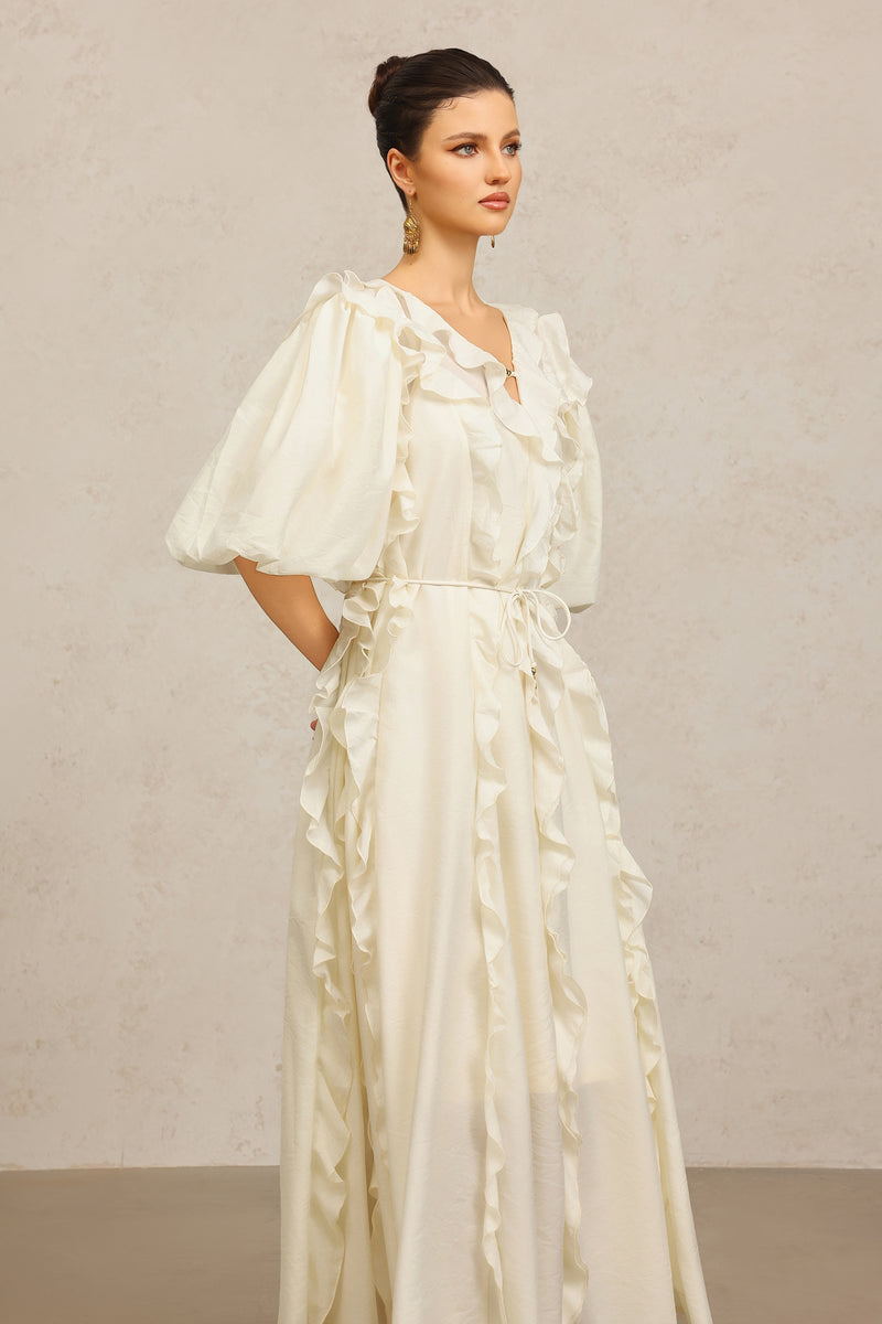 Wika V-Neck Elbow Sleeves Folds Beige Maxi Dress – Beishi