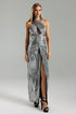 Faray Cross Halter Metallic Dress