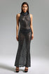 Spiral Diamante Turtleneck Mesh Maxi Dress - Black