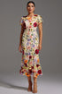 Naya Short Sleeve Round Neck Flowers Fishtail Midi Dress