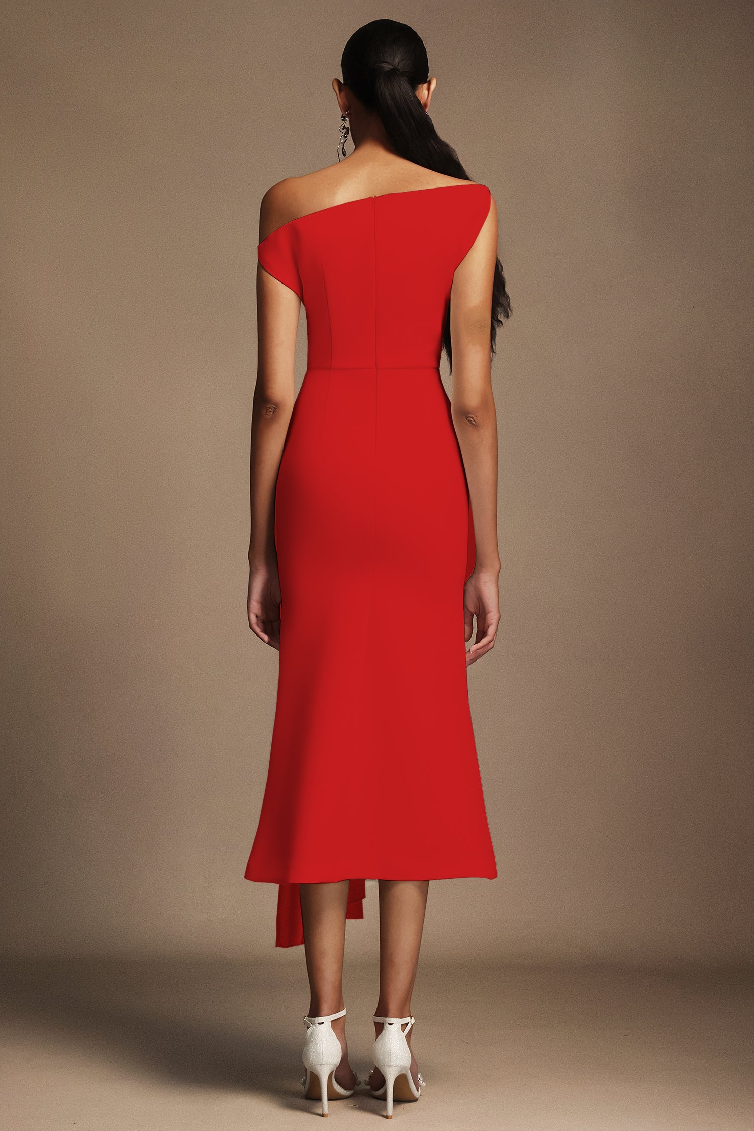 Jillian Oblique Shoulder Sleeveless Folds Midi Dress – Beishi
