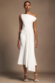 Paulina Oblique Shoulder Sleeveless Folds Midi Dress  Beishi