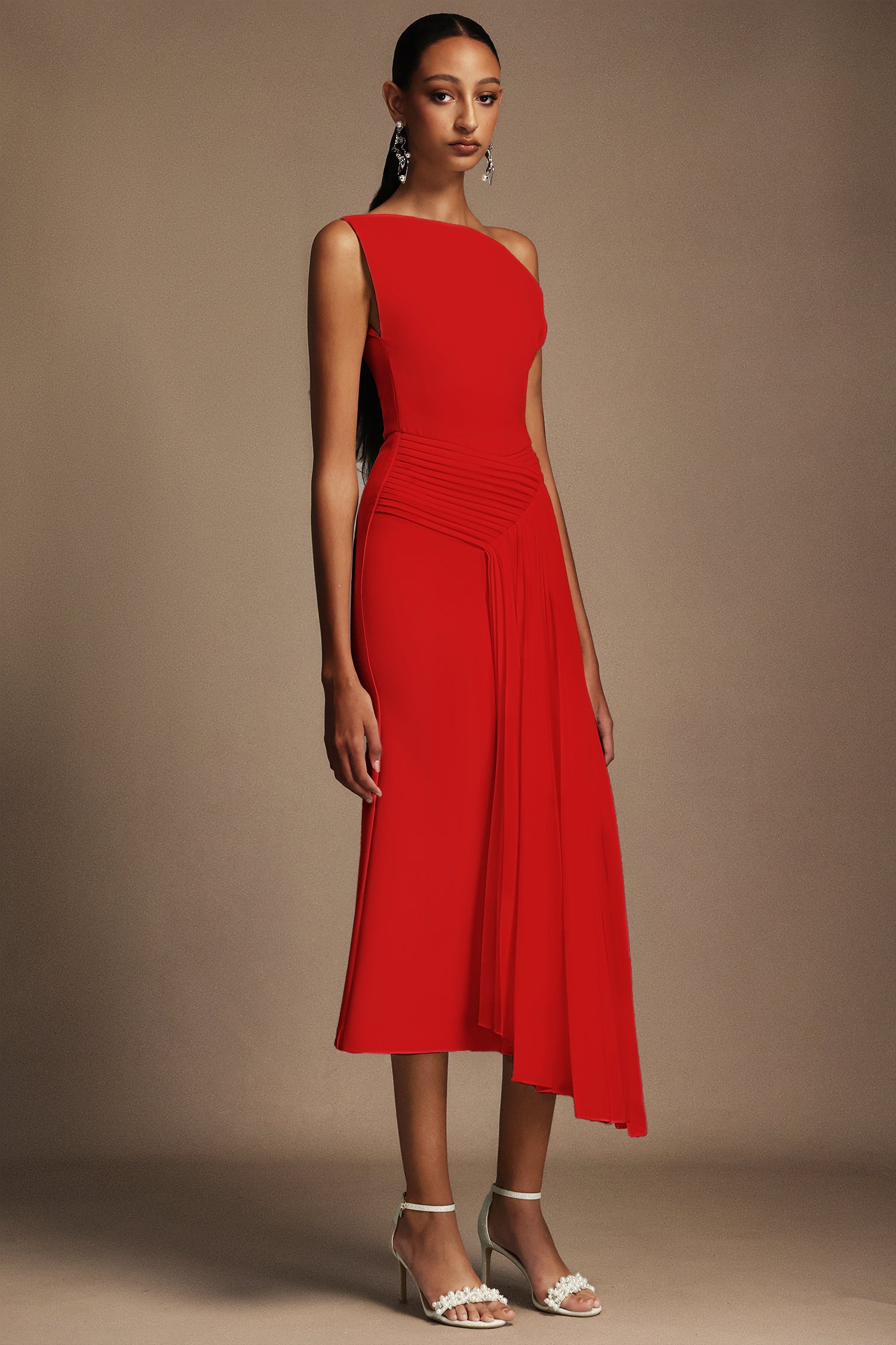 Jillian Oblique Shoulder Sleeveless Folds Midi Dress – Beishi
