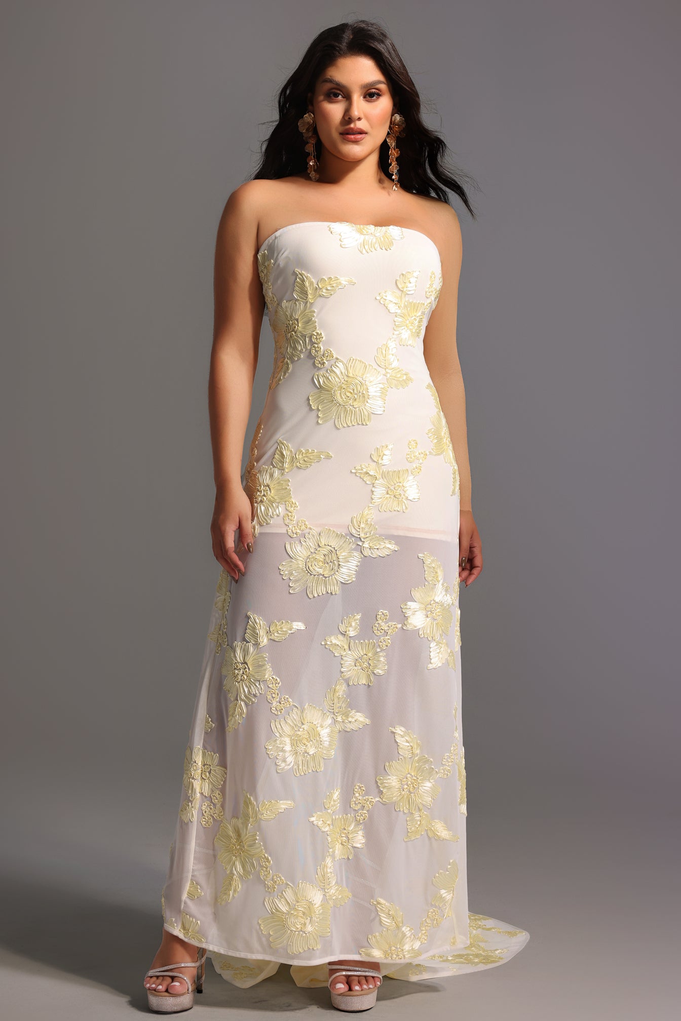 Deliyn Strapless Embroidery Flower Mesh Maxi Dress