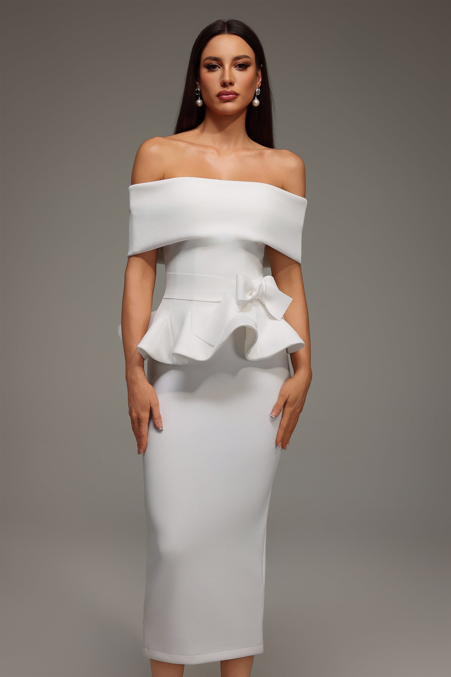 Eleanore Off The Shoulder Ruffled Edge Midi Dress