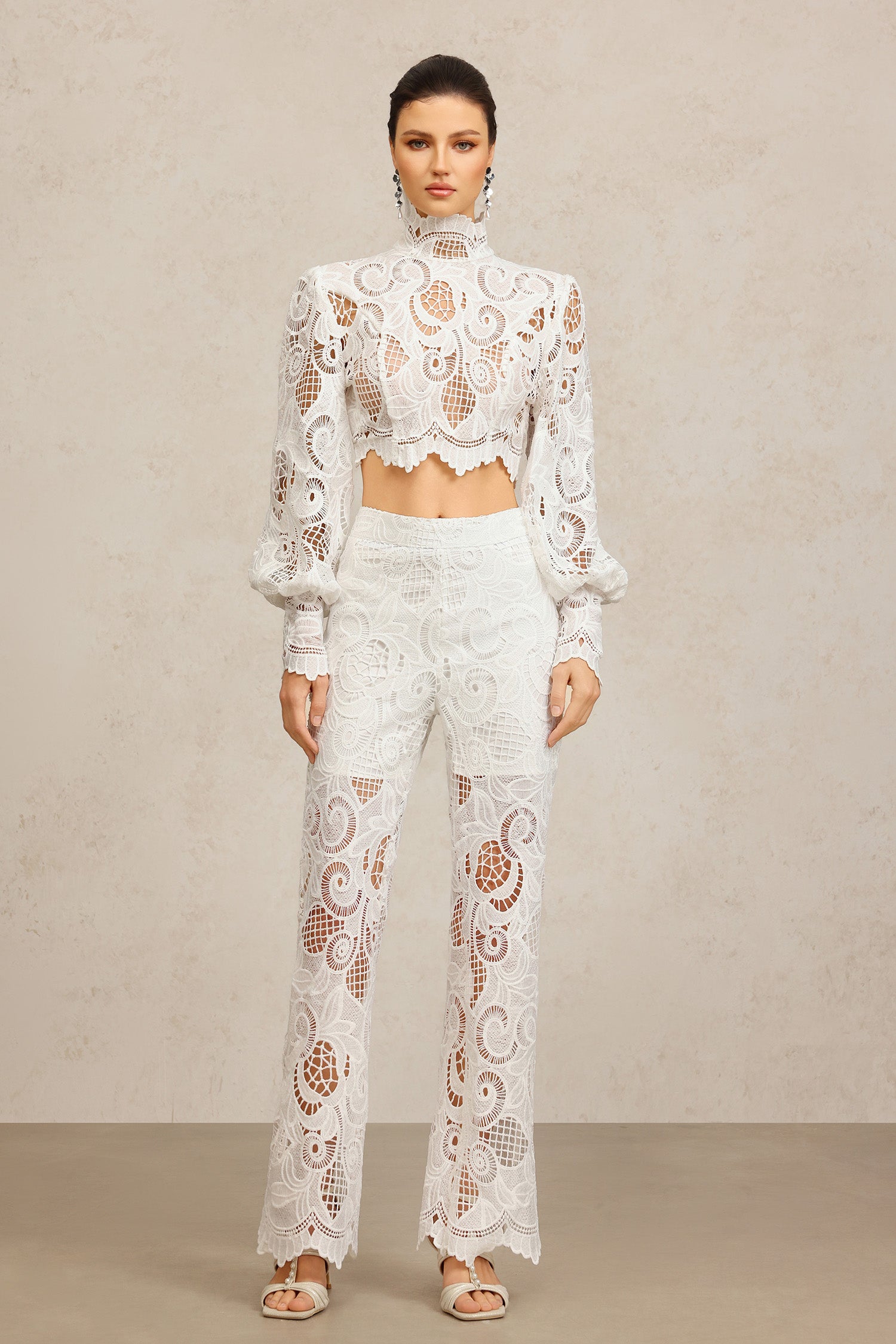 Rizza Long Sleeves Lace Embroidery Flowers Top And Pants Two-Piece Set
