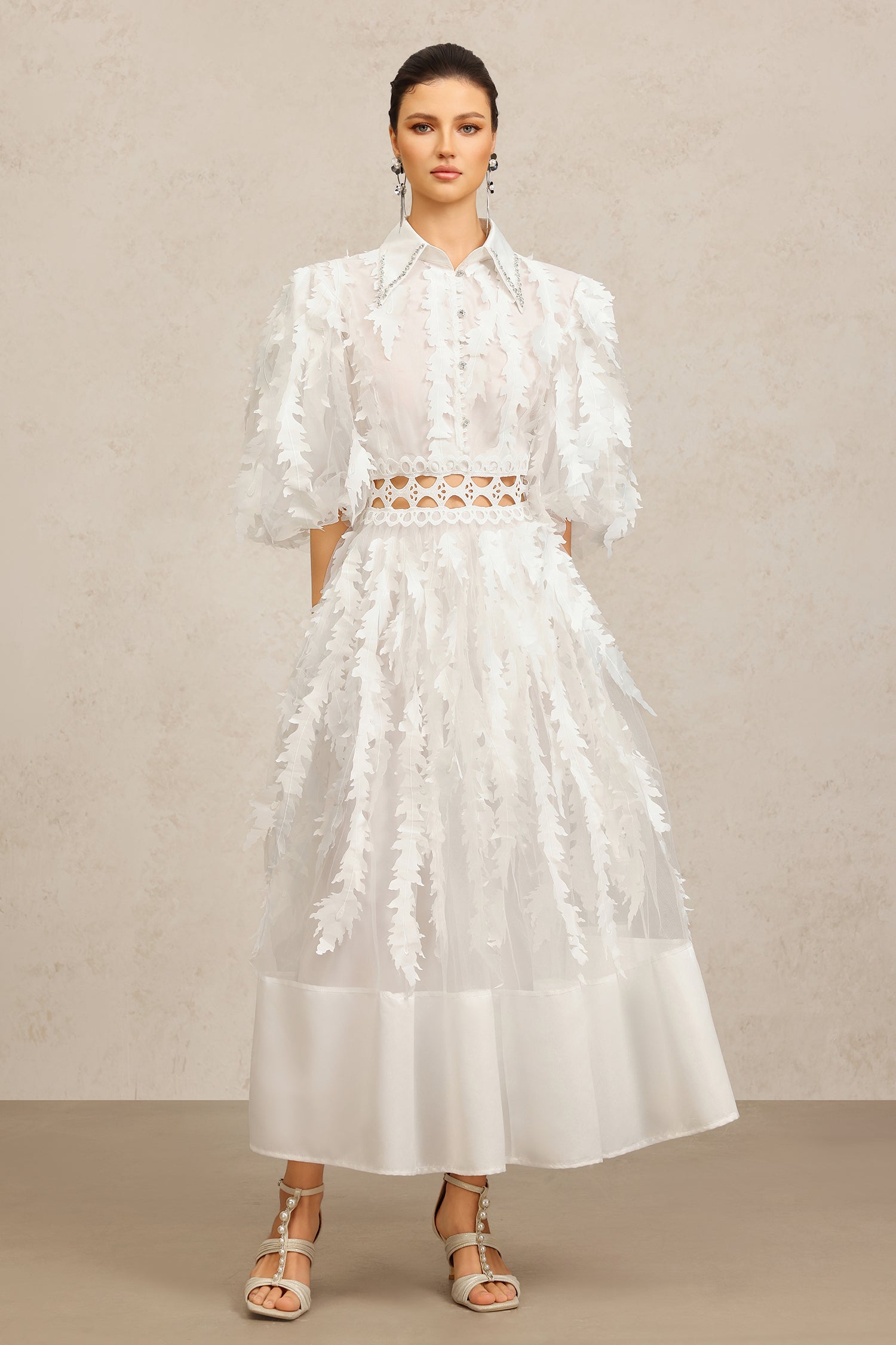 Yvonne Lapel Elbow Sleeves Folds Maxi Dress