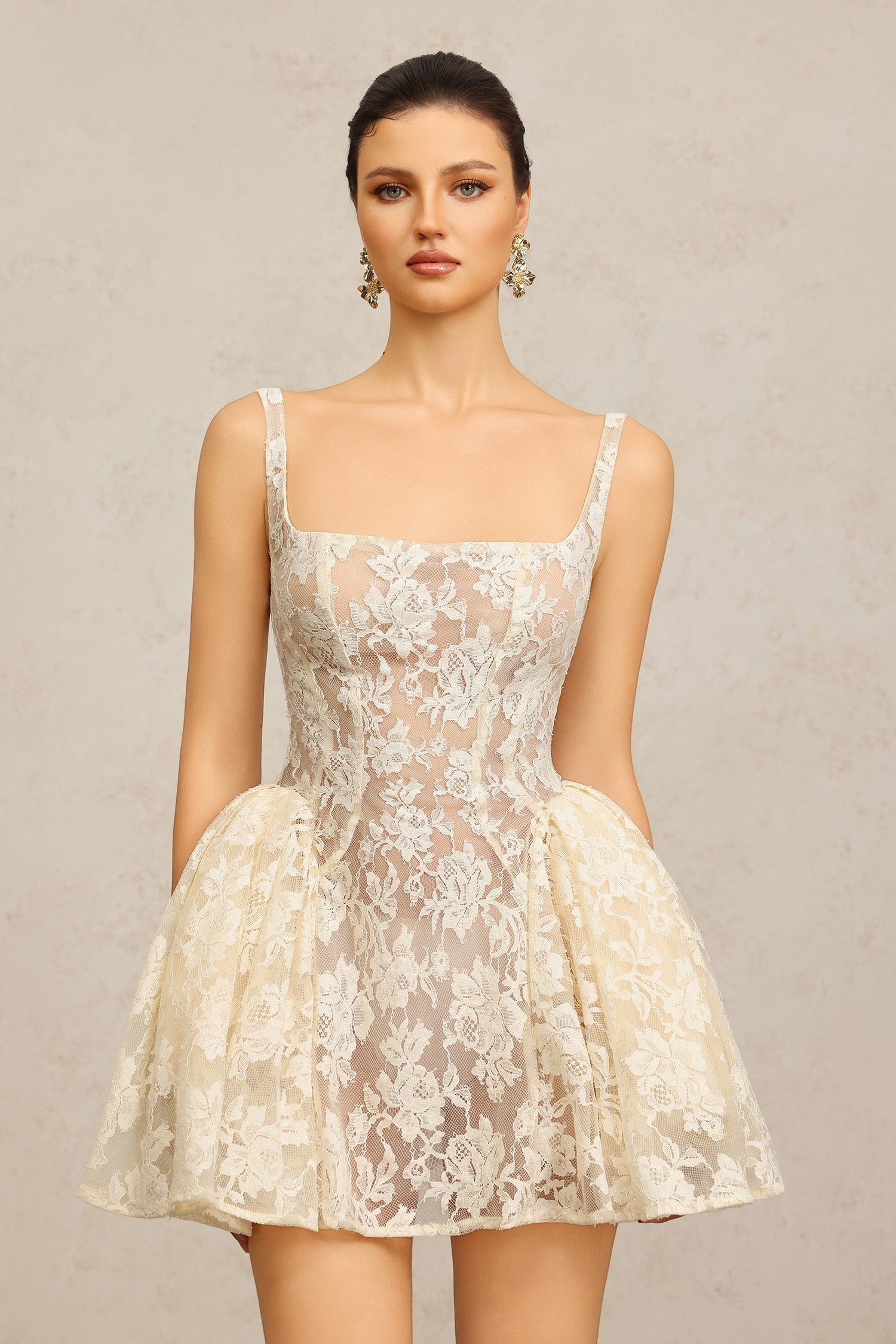 Fahrenheit Halter Lace Flowers Folds Mini Dress