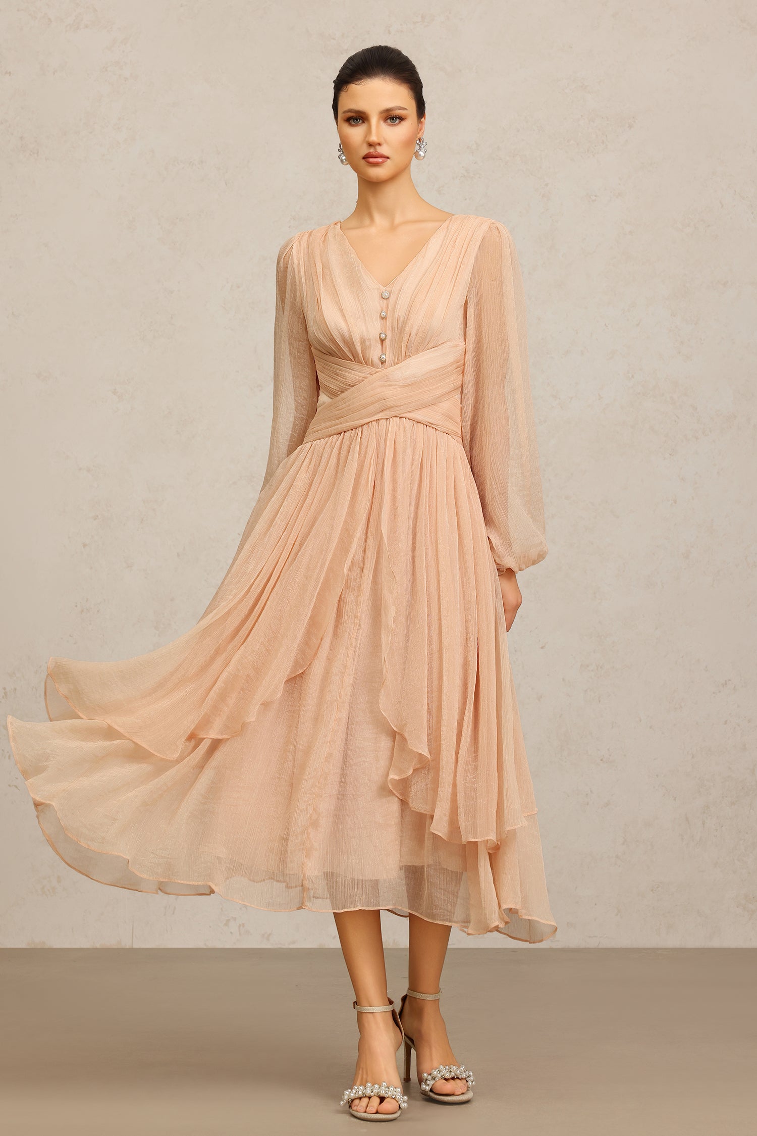 Kaci V-Neck Long Sleeves Folds Maxi Dress