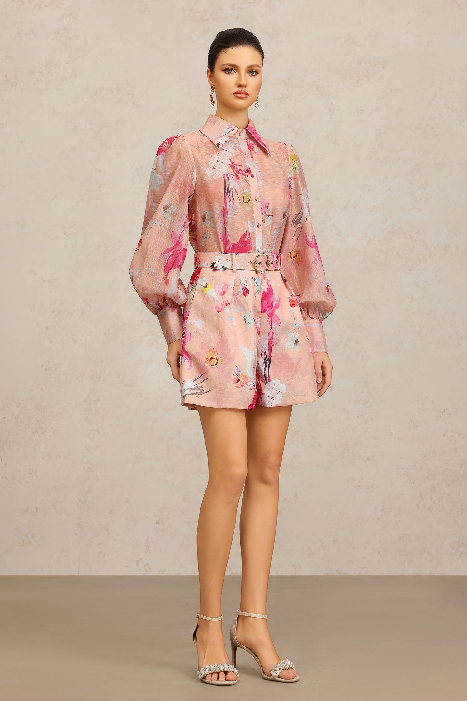 Jodinin Long Sleeves Lapel Floral Printed Top And Shorts Two-Piece Set