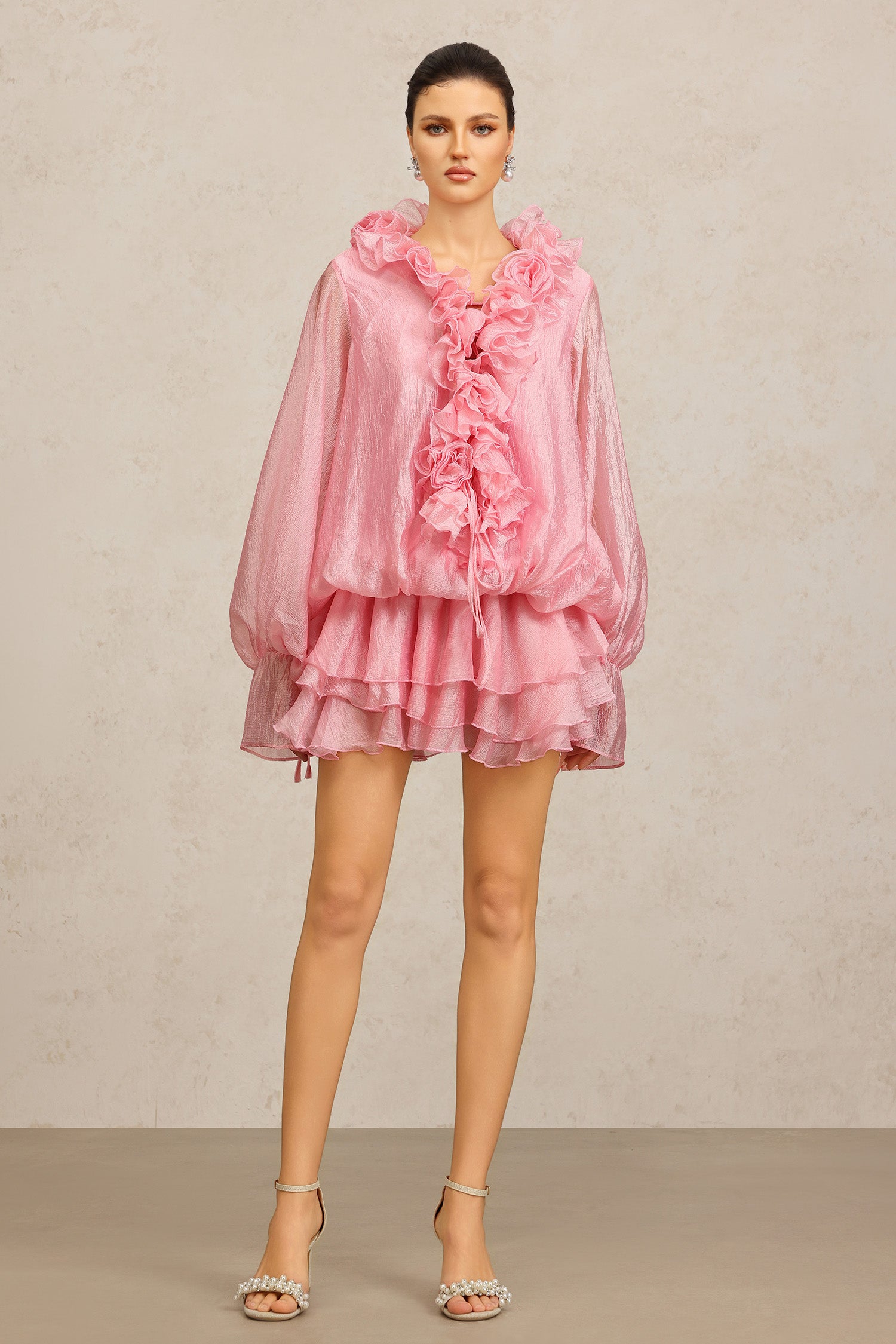 Fallon Long Sleeves Floral Flowers Pink Mini Dress