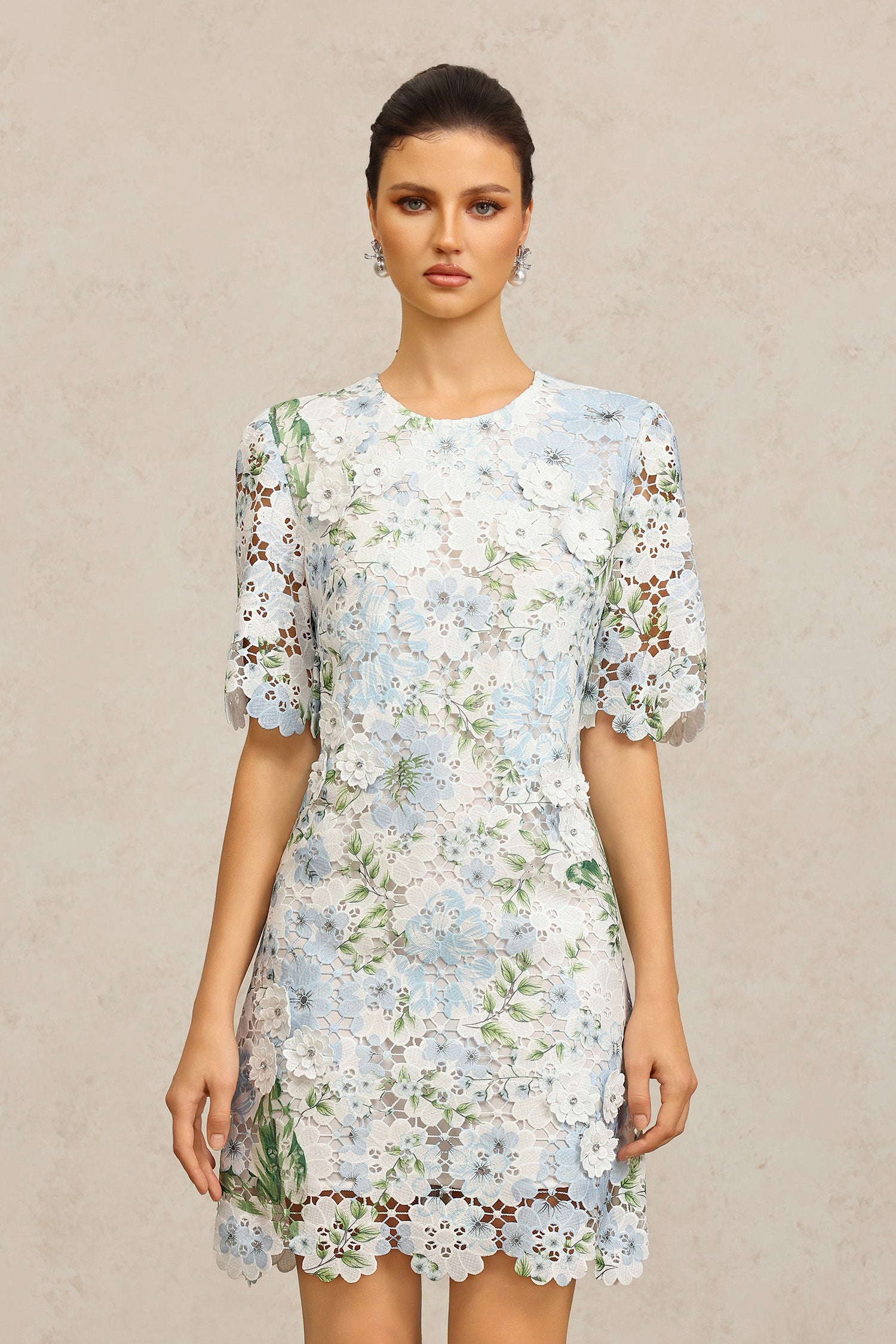 Sabell Round Neck Short Sleeves Floral Printed Lace Mini Dress