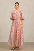 Wika V-Neck Elbow Sleeves Folds Pink Maxi Dress