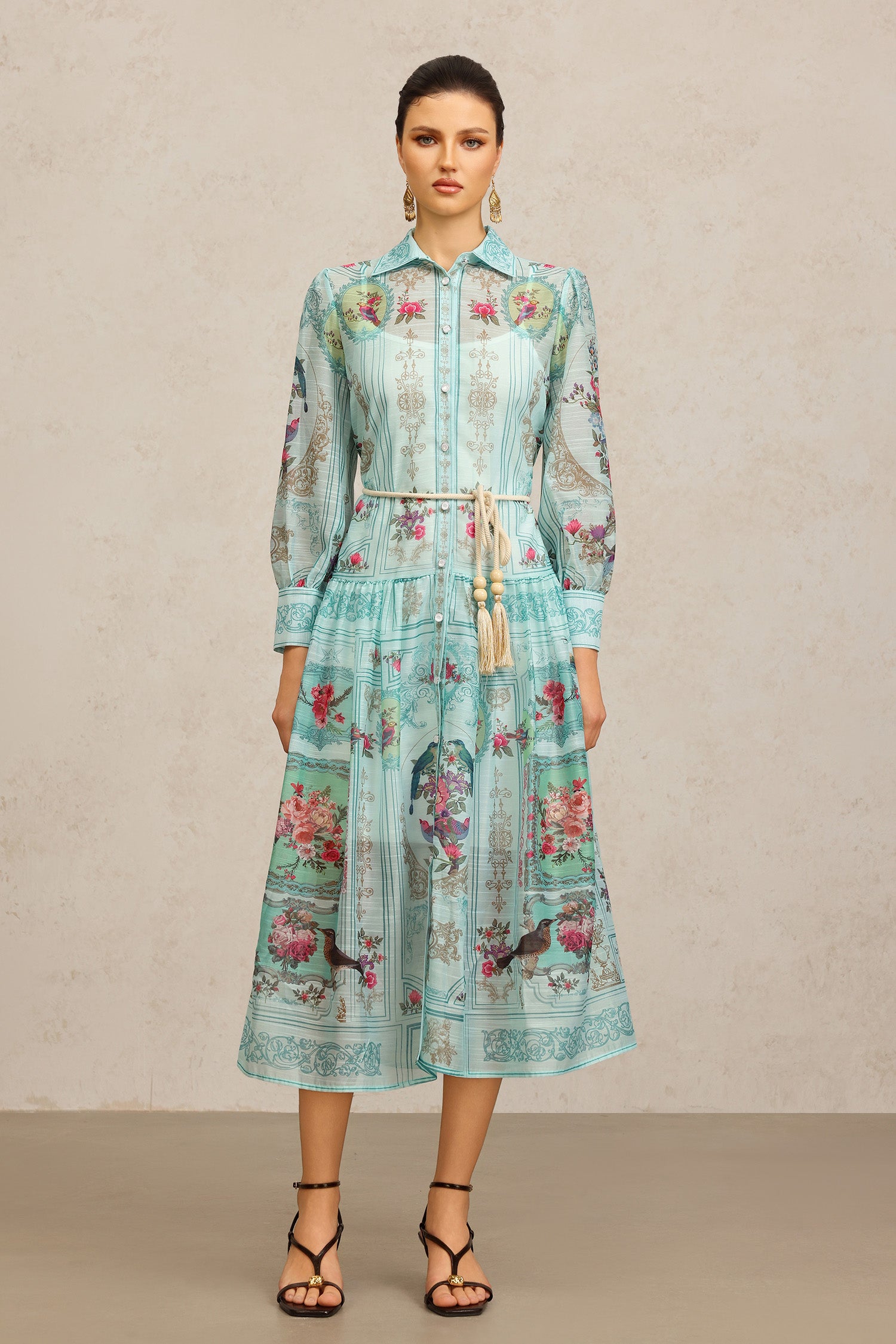 Yeney Lapel Long Sleeves Floral Printed Maxi Dress