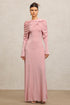 Kolari Round Neck Long Sleeves Asymmetric Folds Pink Maxi Dress