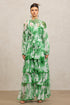 Jolie Round Neck Long Sleeves Floral Printed Folds Green Maxi Dress