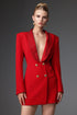 Rey Sexy Tailored Long Sleeve Deep V Rhinestone Lapel Blazer Dress