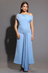 Paulina Oblique Shoulder Sleeveless Folds Blue Midi Dress