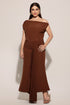 Paulina Oblique Shoulder Sleeveless Folds Brown Midi Dress