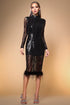 Edda Sexy Contour Long Sleeve Feather Sequin Mesh Midi Dress