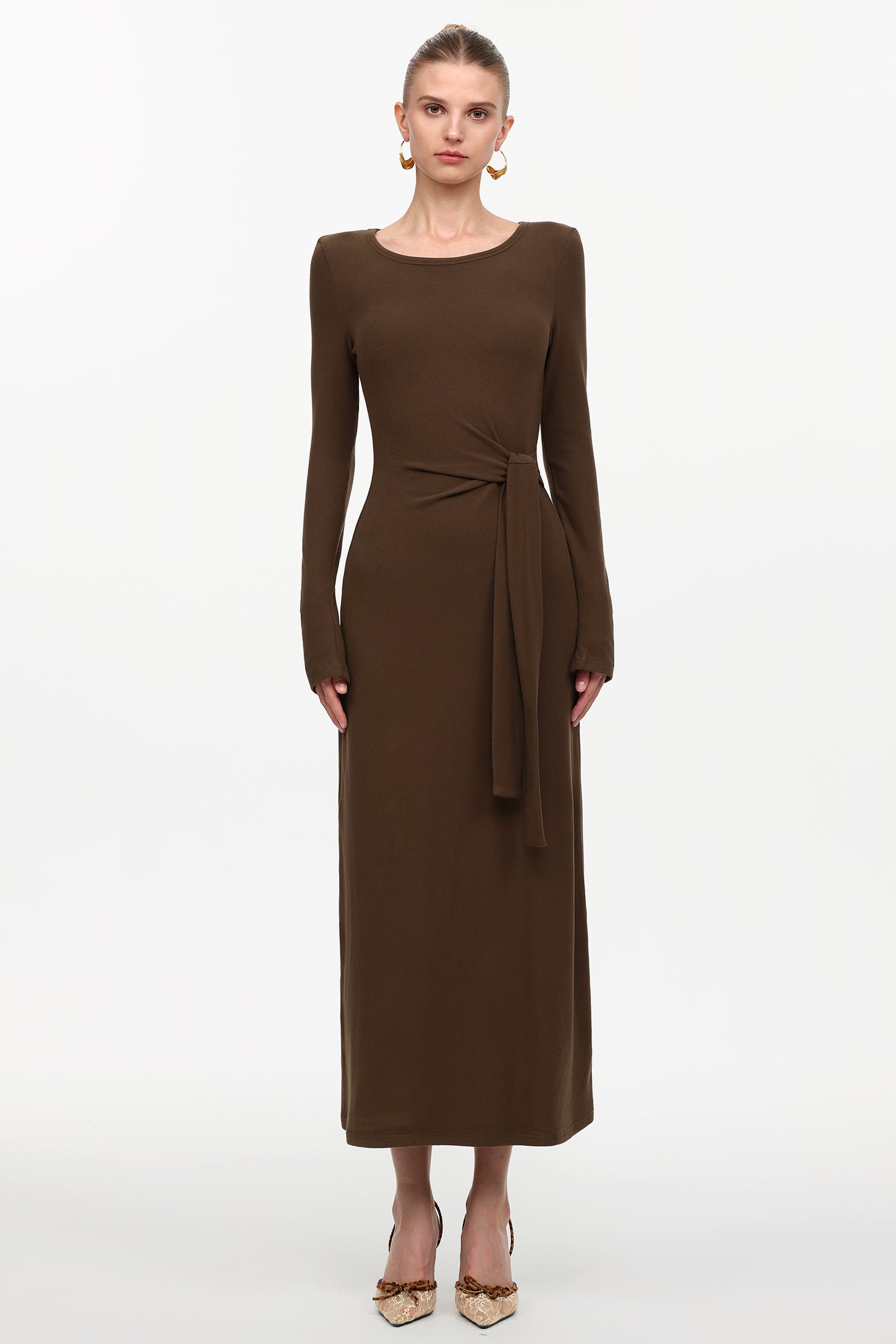 Felia Elegant Contour Round Neck Long Sleeve Knot Knit Maxi Dress