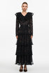 Ikira V-Neck Long Sleeves Layered Folds Black Maxi Dress