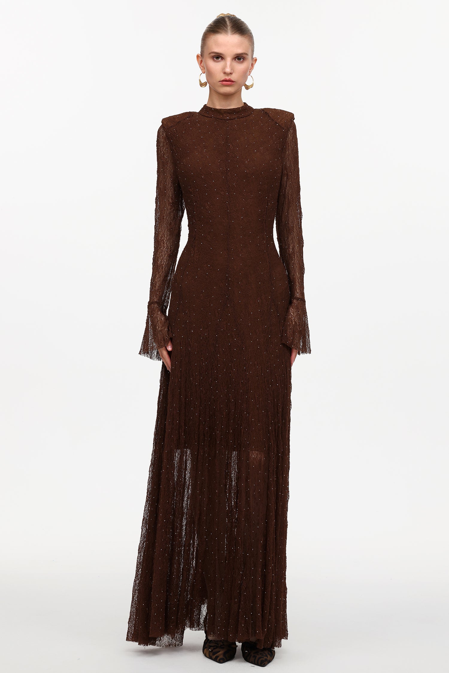 Hunter Elegant Contour Long Sleeve Crystal Lace Maxi Dress