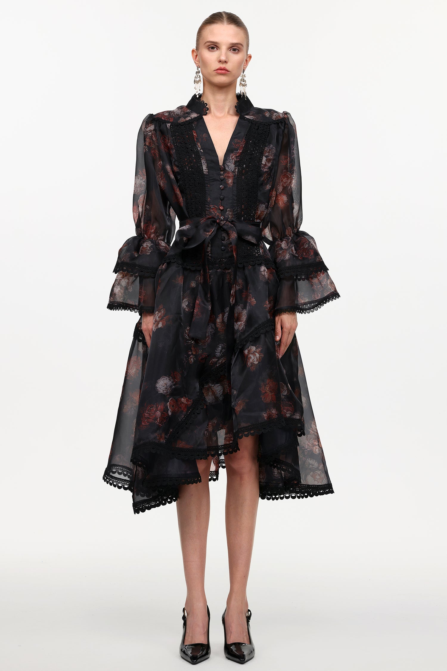 Uhren Resort Flowy V-Neck Long Sleeve Falbala Lace Printed Woven Black Mini Dress