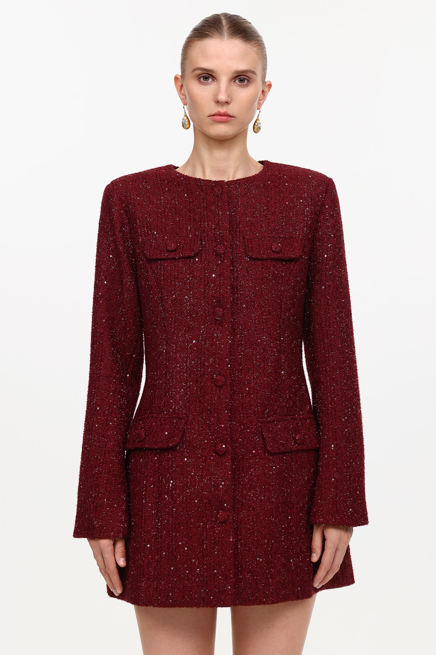 Farera Elegant Cinched Waist Round Neck Long Sleeve Tweed Mini Dress