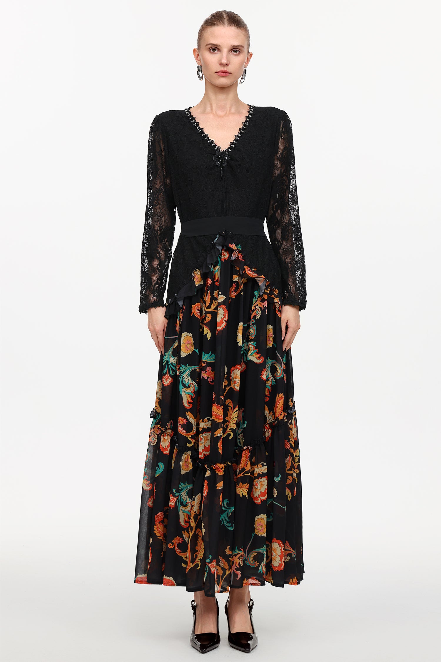 Erina Elegant Flowy Long Sleeve Lace Printed Woven Maxi Dress