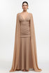 Tessy Elegant Tailored V Neck Mesh Cape Sleeve Ruched Maxi Dress