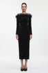 Yamaly Glamorous Contour Long Sleeve Crystal Feather Velvet Maxi Dress