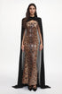 Rami Chic Contour Sleeveless Sheer Cape Leopard Print Sequin Maxi Dress