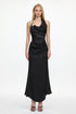 Enya Elegant Flowy Sleeveless Metal Chain Ruched Satin Maxi Dress