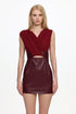 Ferina Chic Tailored V Neck Ruched Faux Leather Mini Dress