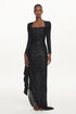Salamo Glamorous Contour Square Neck Long Sleeve Ruched Sequin Maxi Dress