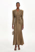 Suri Elegant Contour V Neck Long Sleeve Beaded Fringe Ruched Knit Maxi Dress