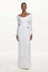 Mocano Romantic Contour V Neck Long Sleeve Asymmetric Ruched Knit White Maxi Dress
