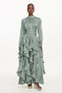 Grasa Elegant Flowy Long Sleeve Pleated Ruffle Maxi Dress