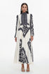 Sahara Resort Flowy Pleated Long Sleeve Printed Chiffon Black Maxi Dress