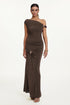 Kuller Elegant Contour Off Shoulder Twist Ruched Knit Brown Maxi Dress