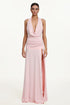 Hoshi Chic Contour Halter Deep V Ruched Crystal Maxi Dress