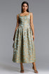 Kerta Elegant Tailored Square Neck Jacquard Pleated Floral Maxi Dress
