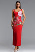 Mallen Romantic Contour Sleeveless Square Neck Floral Appique Red Maxi Dress