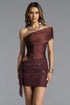 Derly Chic Contour One Shoulder Cut Out Ruched Knit Crystal Mini Dress