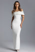 Isme Elegant Contour Off Shoulder Pearl Rhinestone Bandage White Maxi Dress