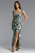 Enene Elegant Contour Short Sleeve Ruched High Slit Sequin Maxi Dress