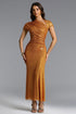 Pora Chic Contour Asymmetric Ruched Crystal Knit Maxi Dress