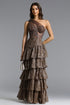 Hedar Romantic Tailored One Shoulder Cut Out Ruffle Embellished Sequin Maxi Dress