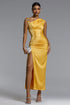 Marcella Chic Contour Asymmetrical Pleated Satin Maxi Dress